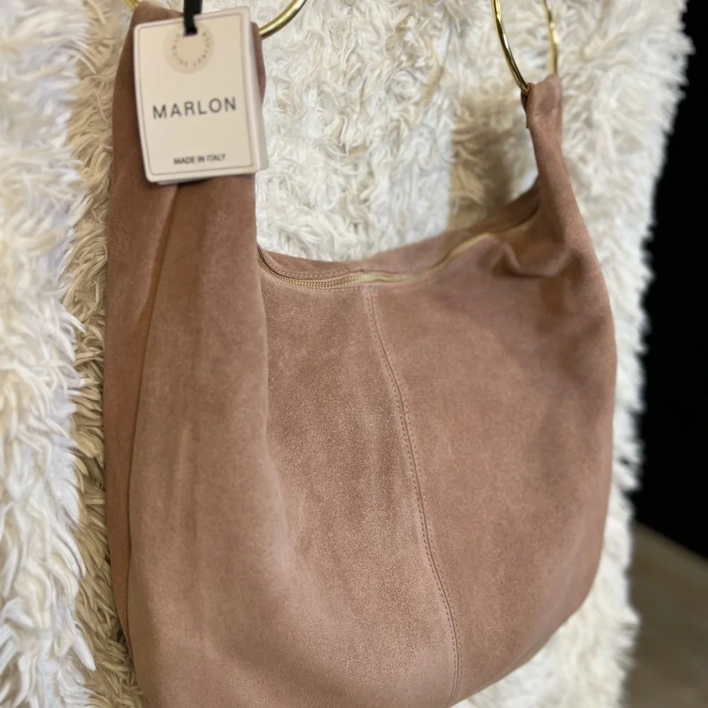 🩷NWT-MARLON GORGEOUS Made In Italy Genuine Suede Leather Circle Handle Hobo🩷